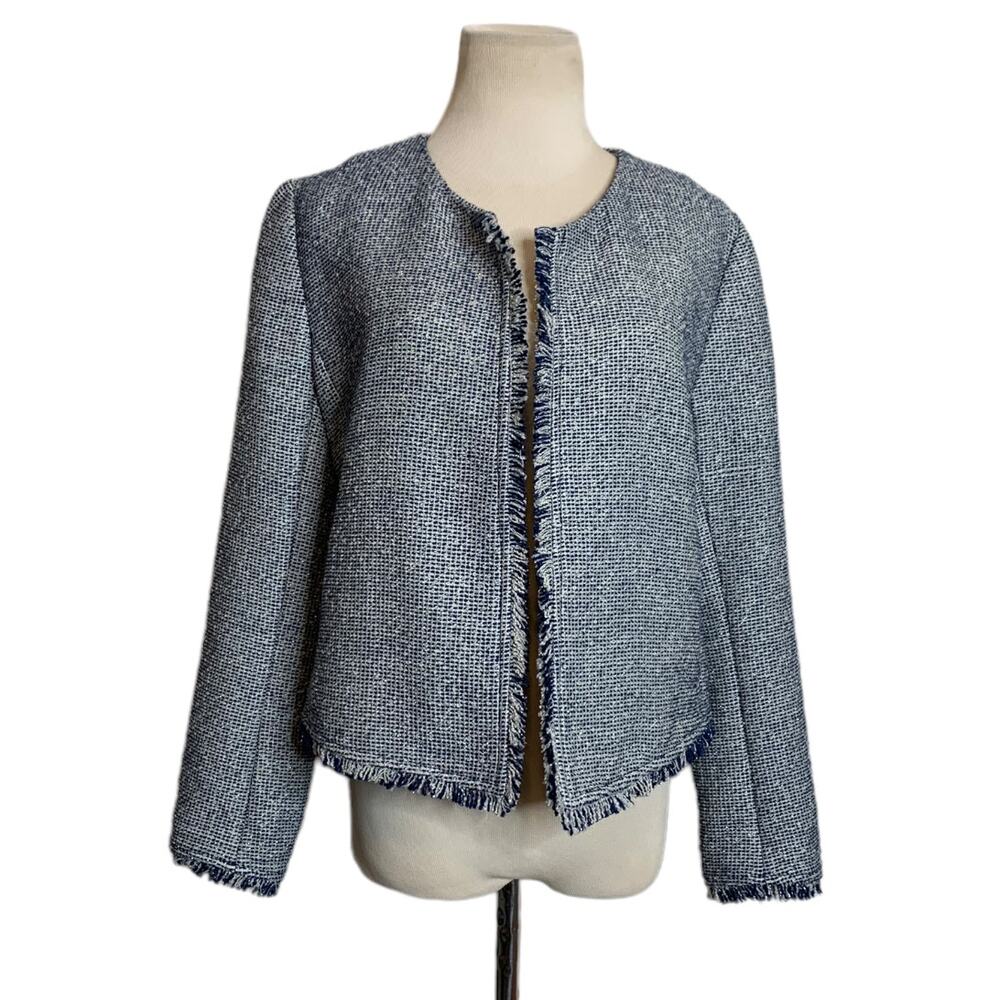 Banana Republic blue tweed fringe trims open front blazer size 6